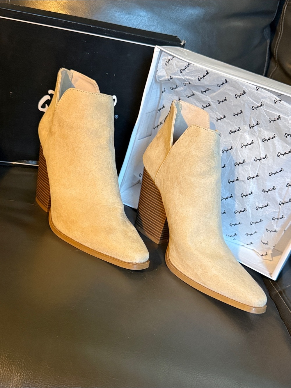 Qupid Beige Suede Pointed-Toe Ankle Booties